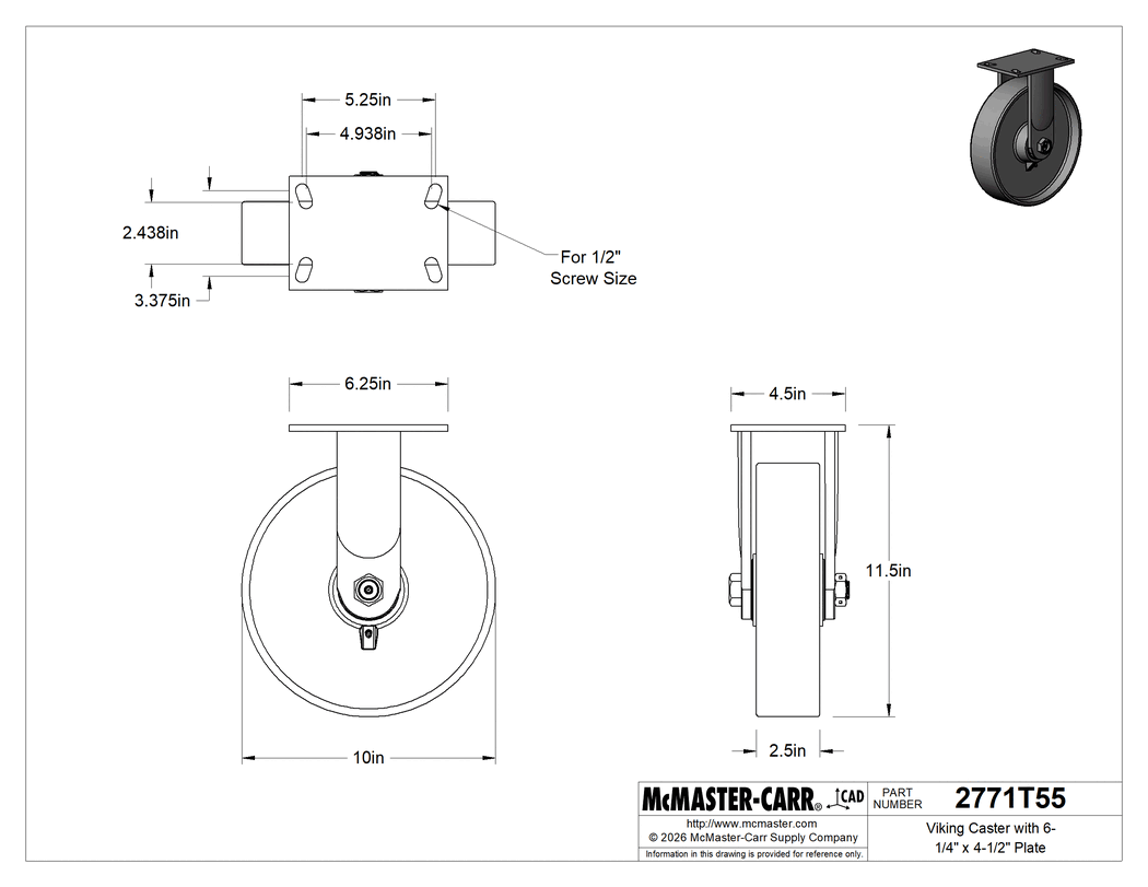 Technical Drawing of Viking Caster with 6-1/4" x 4-1/2" Plate, High-Capacity, Rigid with 10" Diameter Iron Wheel.
